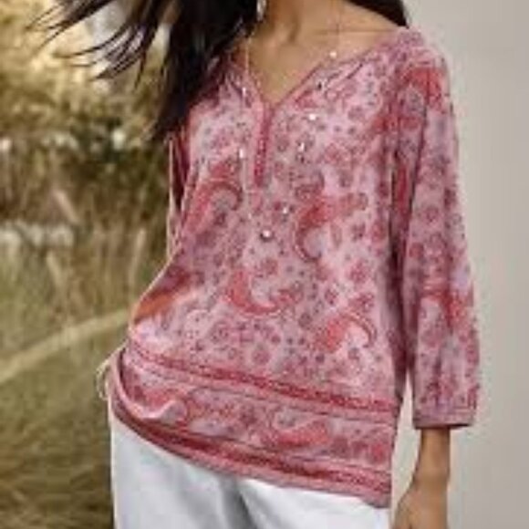 J.Jill Pure Jill Women's Medium Split Neck Border-Printed Top Pink Purple Modal - Picture 1 of 16